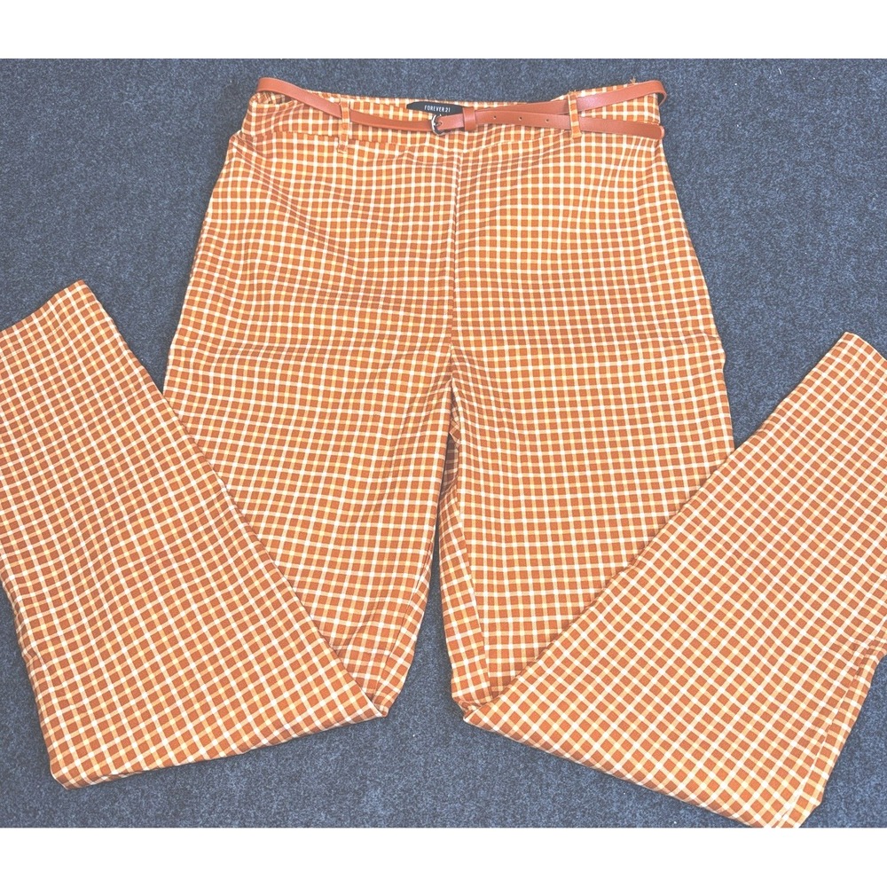 Forever 21 Plaid Pants Women's L Brown White Gingham Mid Rise Straight‎ Belted